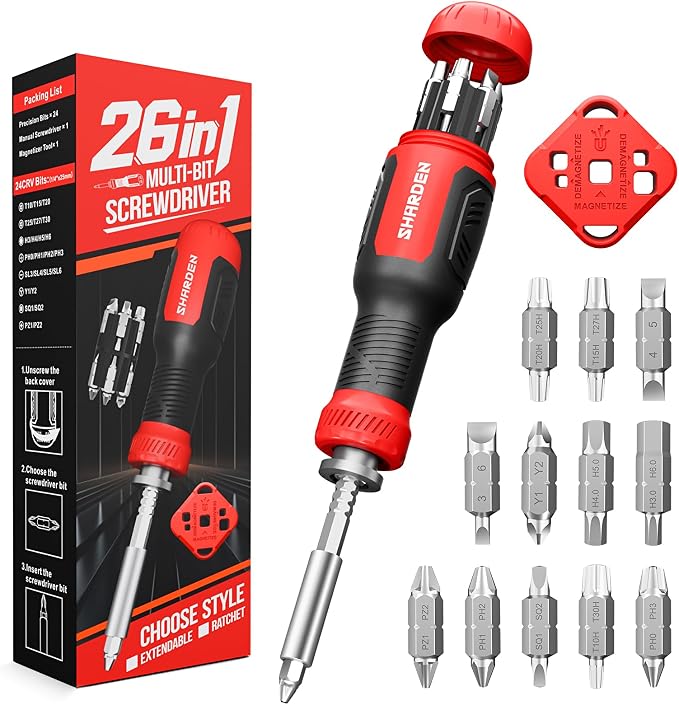Multi ScrewDriver Set 26 in 1 All in One Adjustable Screw Driver | Telescoping Screw Driver with 12 Double Ended CRV Bits Phillips Slotted Torx Hex Portable Repair Kit for Home Bike Computer