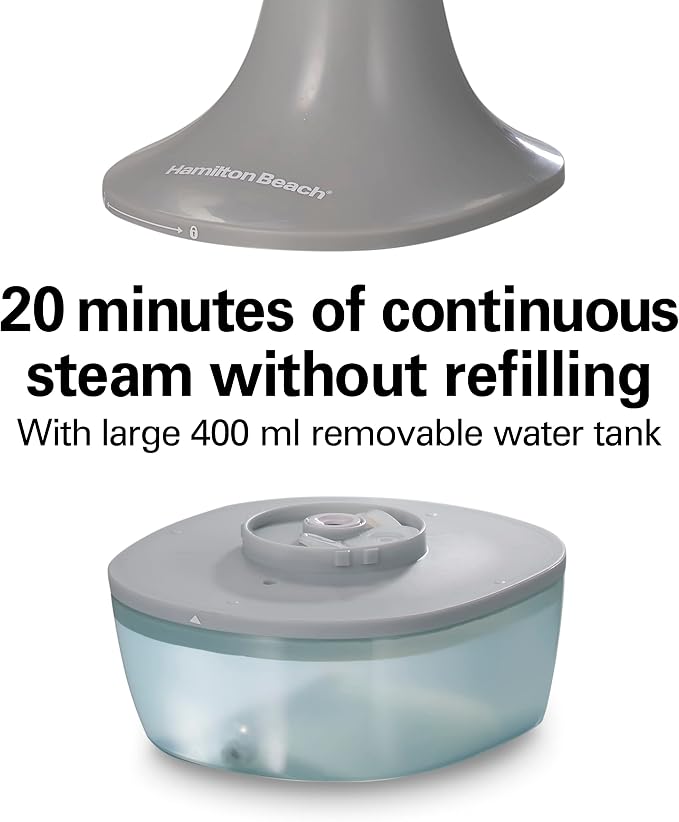 Hamilton Beach Handheld Travel Steamer for Clothes, Fabric and Drapes | Light and Handheld |Fast Heatup With 1200 Watts | 400ml Water Tank For 20 Minutes of Continuous Steam | Gray & Blue | 11557