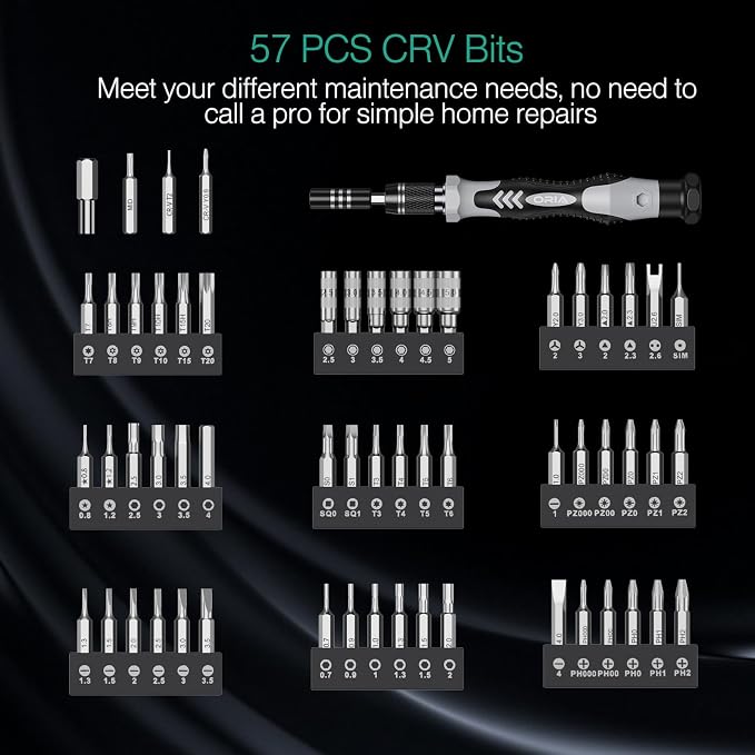 ORIA 61 in 1 Precision Screwdriver Set with 57 Bits, Magnetic Screwdriver Kit, Portable Repair Tool Kit for Smartphone, PC, Watch, Toys - Includes Extension and Flexible Rod, Black