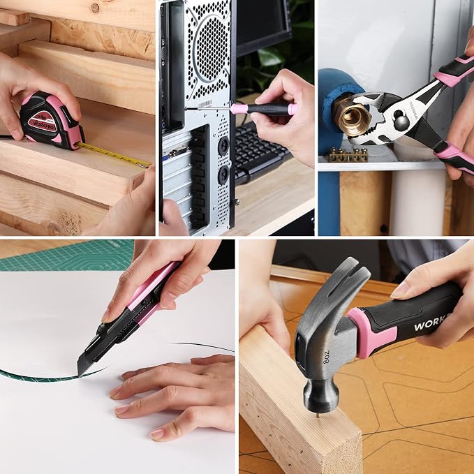 WORKPRO Pink Tool Set with 3.7V Rotatable Electric Screwdriver, 18PCS Portable Ladies Home Tool Kit with Toolbox, Cordless Electric Screwdriver Kit, Household tool kit for Dorm, Apartment -Pink Ribbon | Pink Ribbon, USB-C Rechargeable, Compact Storage ...