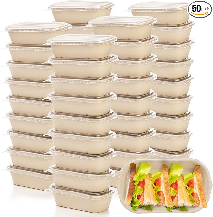Yesland 50 Pack Take Out Food Containers with PP Lid, 33 Oz Rectangular Disposable Paper Bowls Soup Serving Bowls, Meal Prep Food Containers for Salad, Leftovers