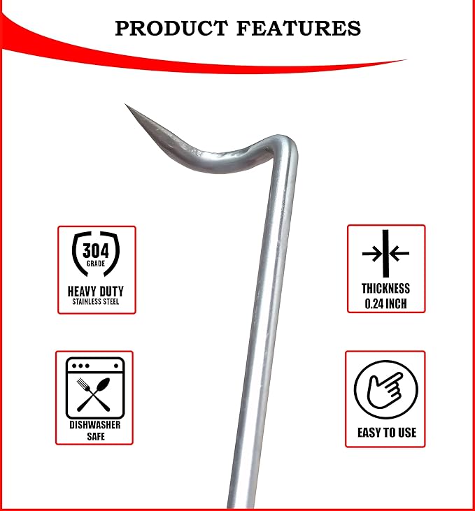 Food Flipper & Turners - Pigtail Flipper - 16 and 12 Inches BBQ Meat Turners - Long & Short 304 Stainless Steel Hook - Meat, Fish, Vegetable Cooking Set - BBQ Accessories - Barbecue Tongs - BBQ Fork