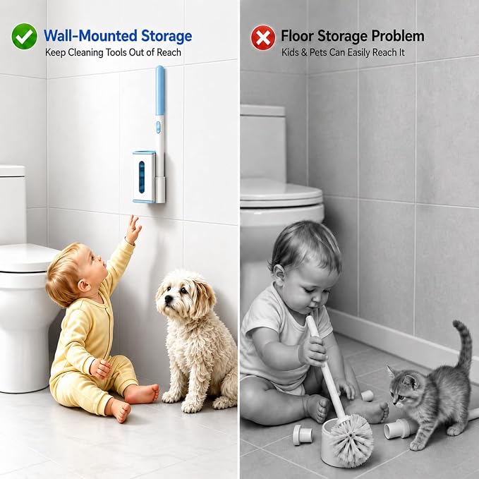 RV Toilet Brush & Holder, Wall Mount Toilet Cleaner, 56 Cleaner Refills | Hands-Free Toilet Bowl Wand Kit, Disposable Toilet Bowl Cleaner Wand, Compact Design, for RV Camper & Small Bathroom