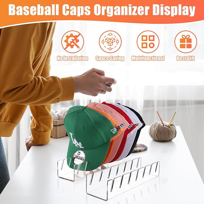 Hat Organizer for Baseball Caps Hat Rack Acrylic Hat Stand 2Pack No Install | Hat Storage for 14 Baseball Caps Closet Organization Hat Holder Display Baseball Cap Organizer for Closet, Bedroom, Dresser