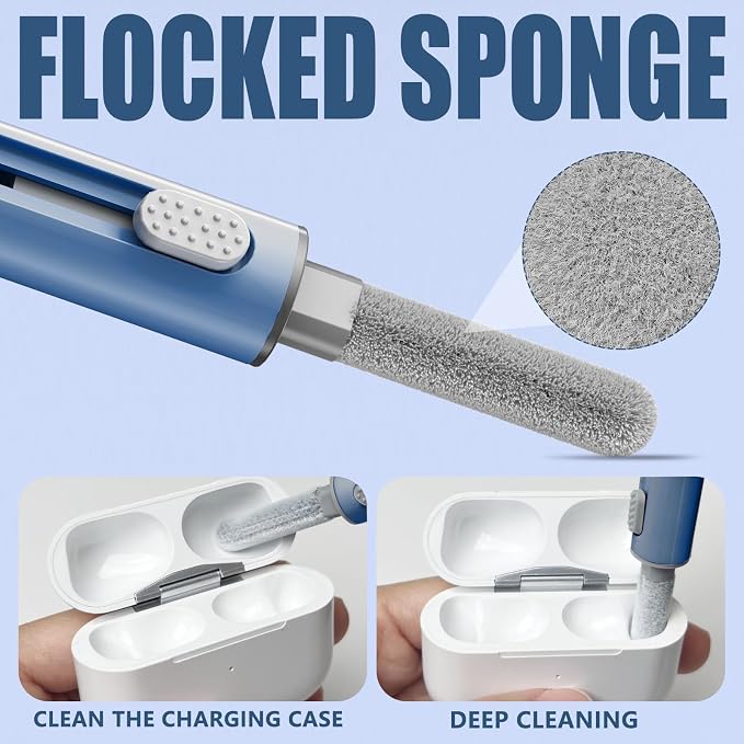 Inesore Multi Cleaning Kit for AirPods & All Bluetooth Earbuds (Deep Blue) | Metal Tip, High-Density Soft Brush, Flocked Sponge Tip, 3 in 1 Design, Compact & Lightweight, Easy Operation, Easy to Carry