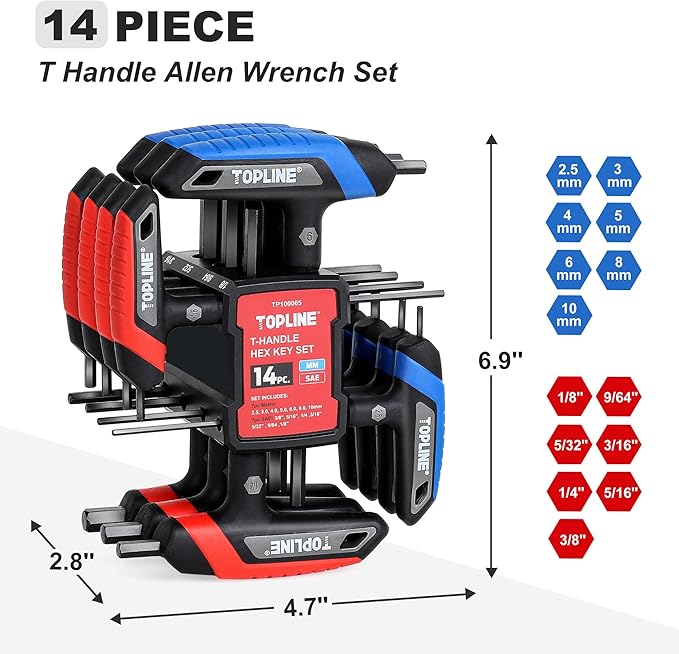 Topline 14-Piece T-Handle Allen Wrench Set, Hex Keys Set with Storage Rack | Metric&SAE, Long Arm, Portable Allen Key Set for Basic Home Repair and Mechanics Maintenance