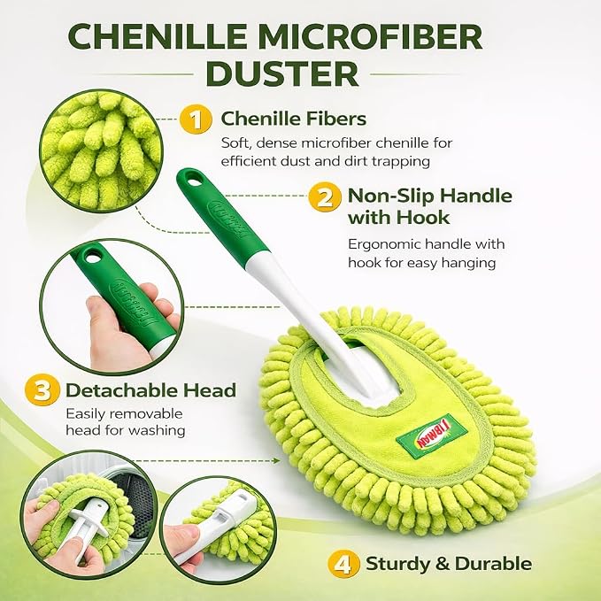 LIBMAN Microfiber Duster for Car Cleaning - Reusable Washable Hand Duster for Furniture, Screens, Shelves, Blinds - Traps Dust & Allergens