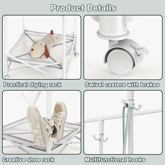 Portable Foldable Clothes Drying Rack - Adjustable Double Extendable Rods (33.1” to 56.7”) -Portable Coat Rack for Travel, Camping, Drying, RV, Indoor, Outdoor, Easy Assemble（White