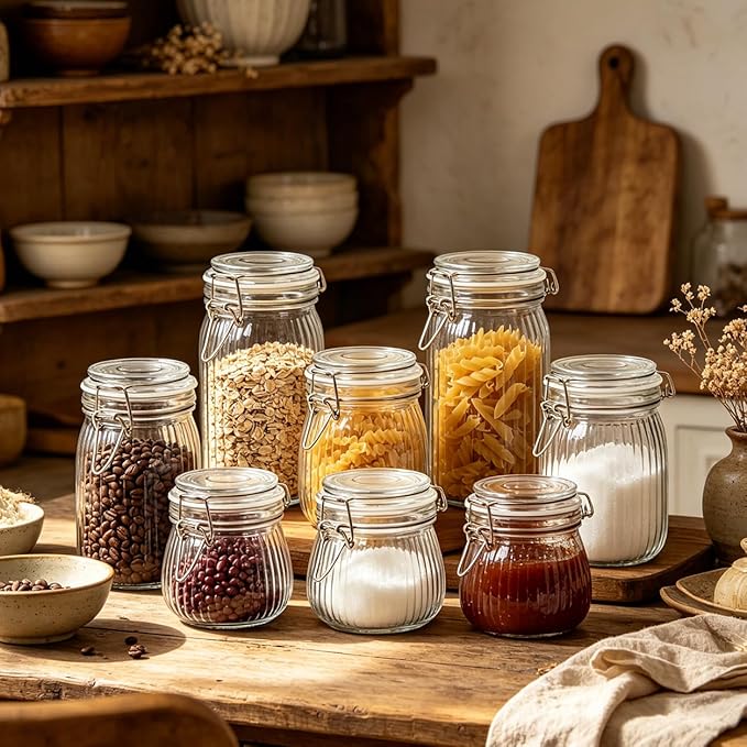 ComSaf Ribbed Glass Mason Jars with Airtight Lids 25 oz 6 Pack Coffee | Flour sugar coffee beans, Fermenting pickling, Farmhouse pantry decor, Kitchen storage, Dry food storage, Sourdough starter