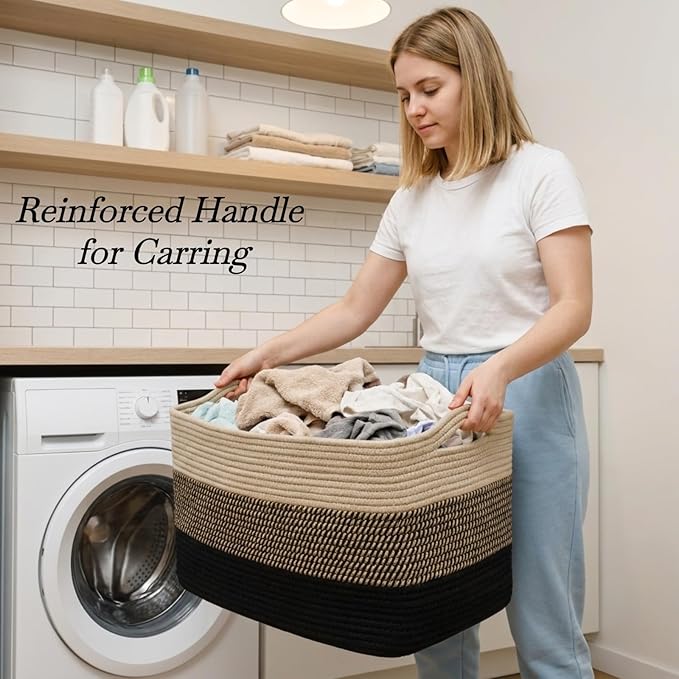 Optish 75L Large Blanket Basket, Woven Storage Baskets with Reinforced Handles, Rope Laundry Basket for Living Room, Bedroom, Nursery, Toys, Clothes, Pillows, 22” x 17” x 11.5”, Black & Brown