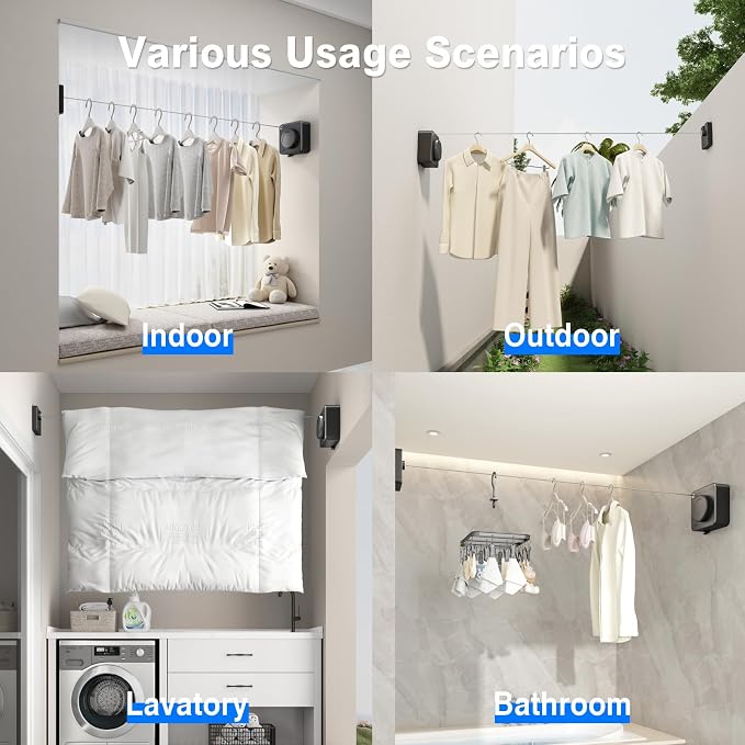 MUSTORN Retractable Clothesline Indoor, Non-Sagging Outdoor Clothes Line Retracting Heavy Duty Clothes Drying Laundry Line Wall Mounted Stainless Steel Line-15.1 Feets(Black)