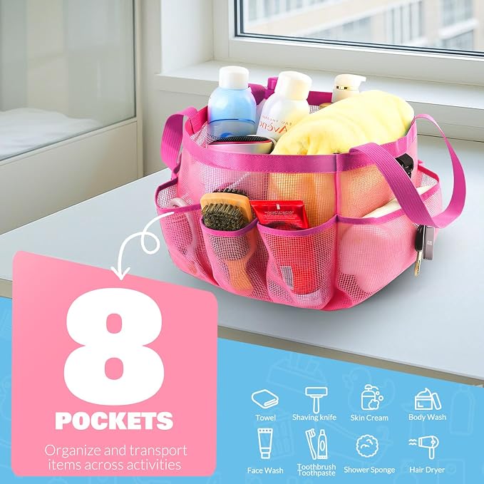 LOYEE Mesh Shower Caddy Portable for College Dorm Room Essentials with 8 Pockets, Shower Bag for Beach, Swimming, Gym, Travel, Bathroom(All rose pink)