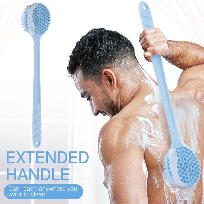 Sunnyray 2 Pack Silicone Back Scrubber for Shower with 15" Long Handle Double-Sided Bath Body Brush for Exfoliating Easy to Clean Quick Dry Deep Cleaning Lathers Well(Pink,Nordic Blue)