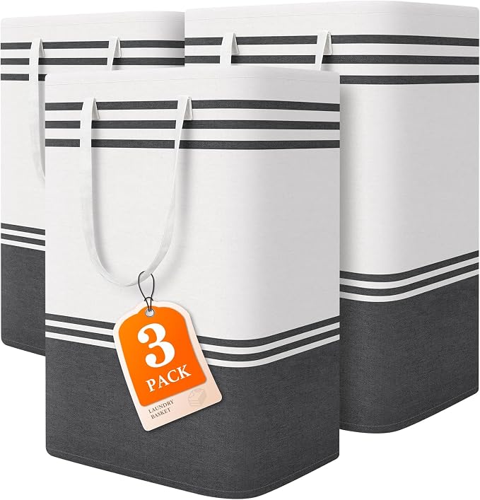 TranquilRelax 3-Pack Laundry Basket, Laundry Hamper, Grey-75L | Freestanding＆Water-Resistant Laundry Hamper, Collapsible Tall Clothes Hamper with Carry Handles for Clothes, Laundry Basket
