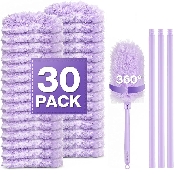 Disposable Duster Set, Thickened & Dense Fiber Duster Refills, 30 Count | 360° Double-Sided with Extension Pole, Unscented, for Electronics, Car Interiors, Blinds, Ceiling Fans, Whole-House Cleaning