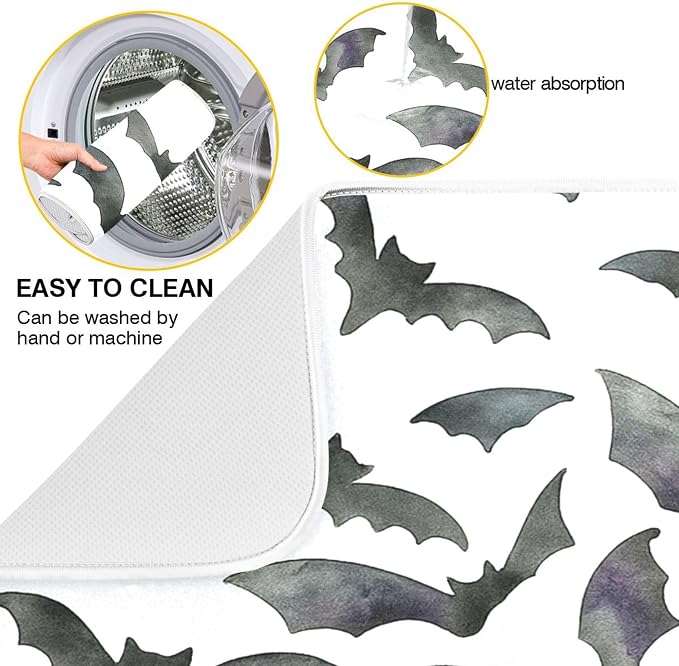 Happy Halloween White Dish Drying Mat for Kitchen Countertop 18x24 Spooky Black Bats Large Drying Mat Reusable Quick Dry Dish Sink Mats Easy Clean Decorative Essentials