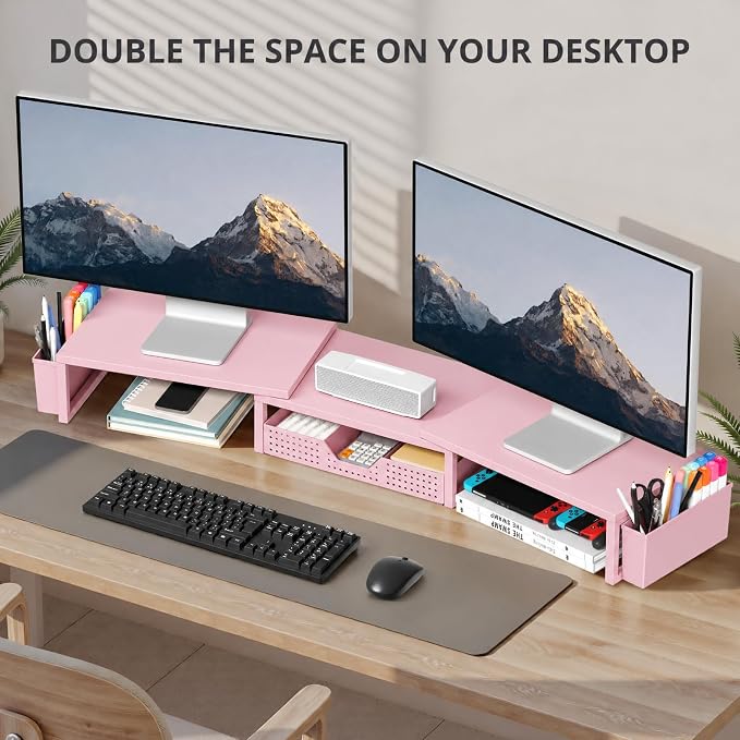 OPNICE Desk Organizers and Accessories, Dual Monitor Stand Riser with Drawer and 2 Pen Holders, Desk Shelf Computer Racks for Office Workspace Organizers, Desktop Organization (Peach-pink)