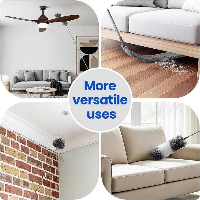 Extra-Long Dusters Kits with Extension Pole, 5 in 1 Cleaning Tools with Extendable Long Handle, Cobweb Duster, Microfiber Dusting Clothes for Gap, High Ceilings and Fans, Blinds, Cars and Furniture