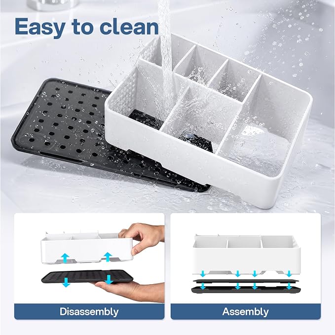 TQRR Bathroom Counter Organizer with Drainage, 6 Slots Toothbrush Holders | Detachable Design, Anti-Slip Base, Vent Electric Toothbrush and Toothpaste Holder Vanity Storage for Bathroom & Sink(Black)
