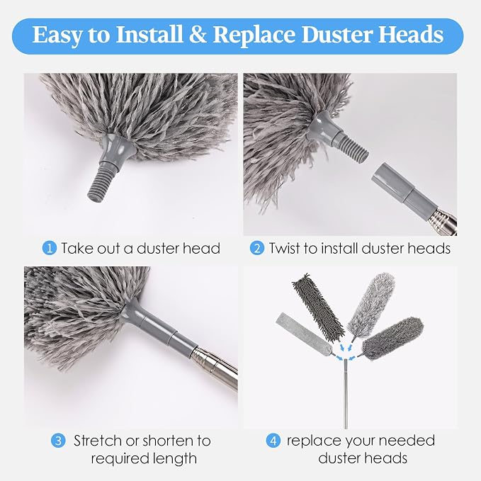 Microfiber Feather Duster Kit with Extension Pole, 7 PCS Washable Reusable Duster for Cleaning, 100'' Bendable Extendable Long Duster with Stainless Steel Pole for High Ceilings, Fans, Furniture & Car