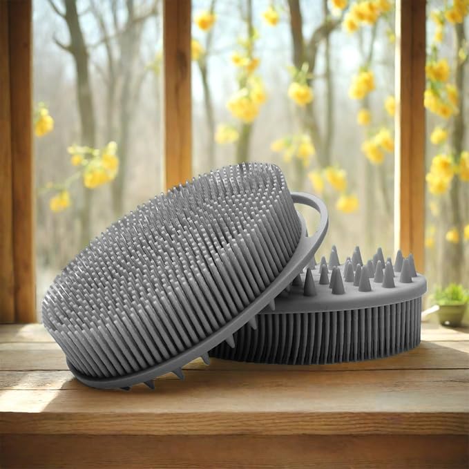 RamPula Silicone Body Scrubber, Silicone Loofah, Bath Cleaning Scrubber, Shower Sponge Glove, Exfoliating Body Brush for Wet or Dry Brushing, More Hygienic Than Traditional Loofah (Black and Grey)