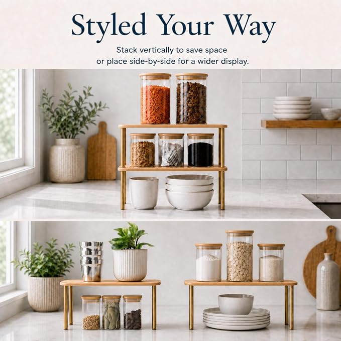 Ibyx Cabinet Organizer Set of 2 - Kitchen Pantry Organizers and Storage with Bamboo Top & Brass-Effect Metal Legs - for Kitchen Counter & Stackable Shelves for Cabinets with 22 lb Capacity - Natural