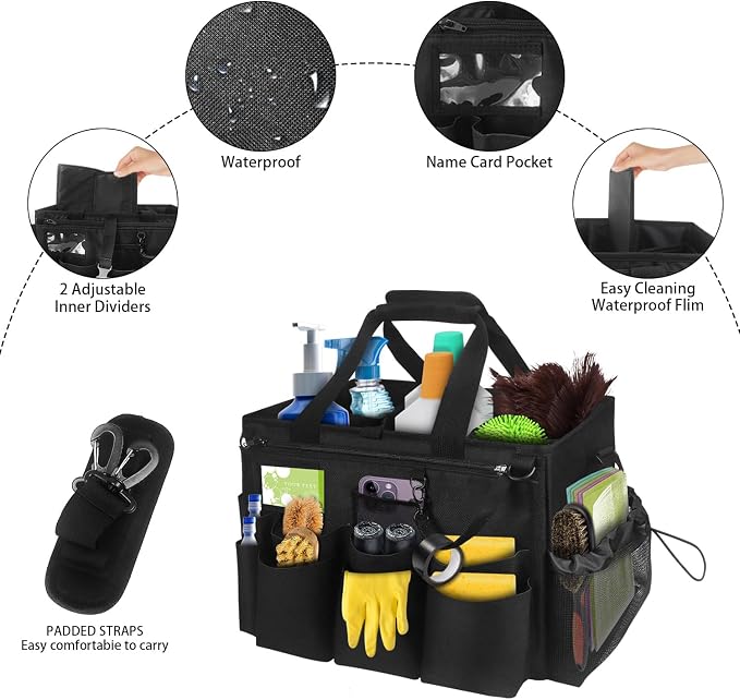 Compact Wearable Cleaning Supplie Bag with Handle Shoulder Straps | Black Cleaner Caddy, Nylon Wear Resistant & Durable, Multiple Pockets Well Organized for Housekeepers, Horse, Cleaners