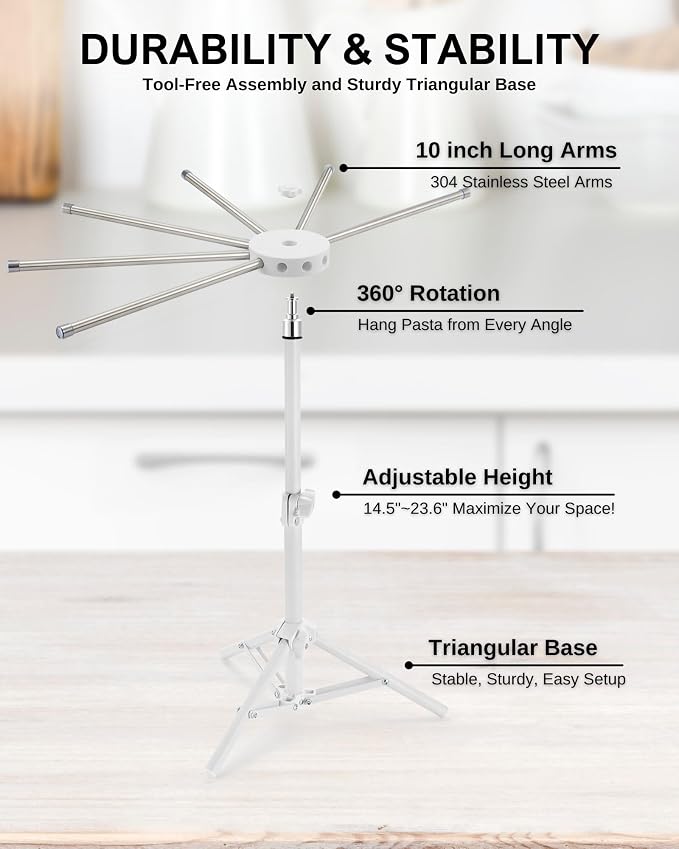 Pasta Drying Rack Collapsible, Large Noodle Dryer Foldable | 360° Rotating, Adjustable Height(14.5"-23.6"), 304 Stainless Steels Arm with Ravioli Wheel for Fresh Pasta Spaghetti