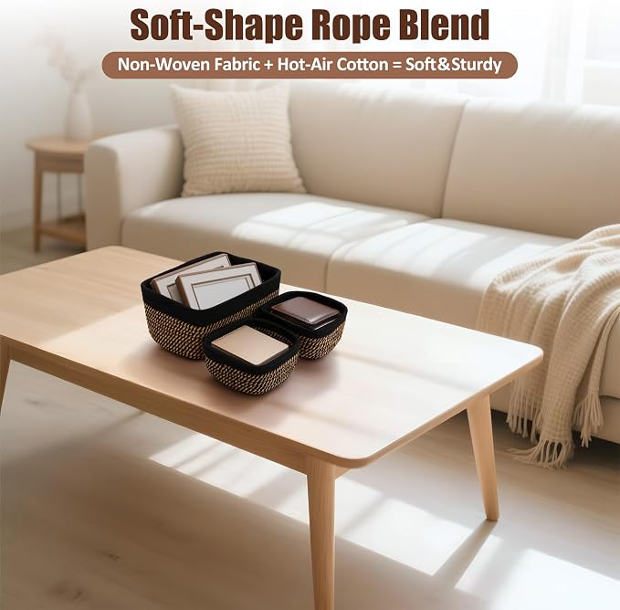 5-Pack Small Woven Rope Storage Baskets – 2 Sizes Organizer Bins for Closet, Shelf, Bookshelf, Nursery, Changing Table, Fabric Cube Boxes, Rectangular Shallow Bins for Bathroom, Toy & Home