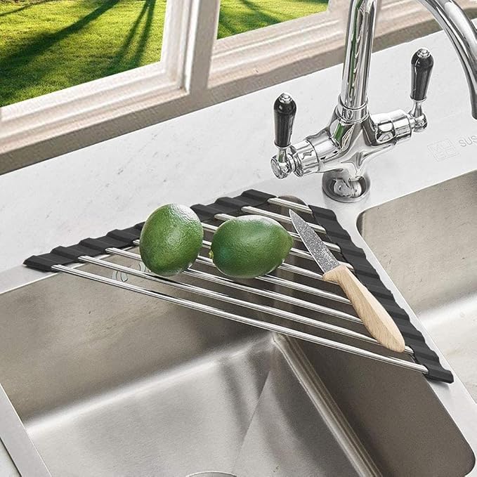 Triangle Dish Drying Rack Multipurpose Roll-up Drying Rack for Sink Corner Stainless Steel Over The Sink Corner Dish Drainer Mat for Kitchen (Black)