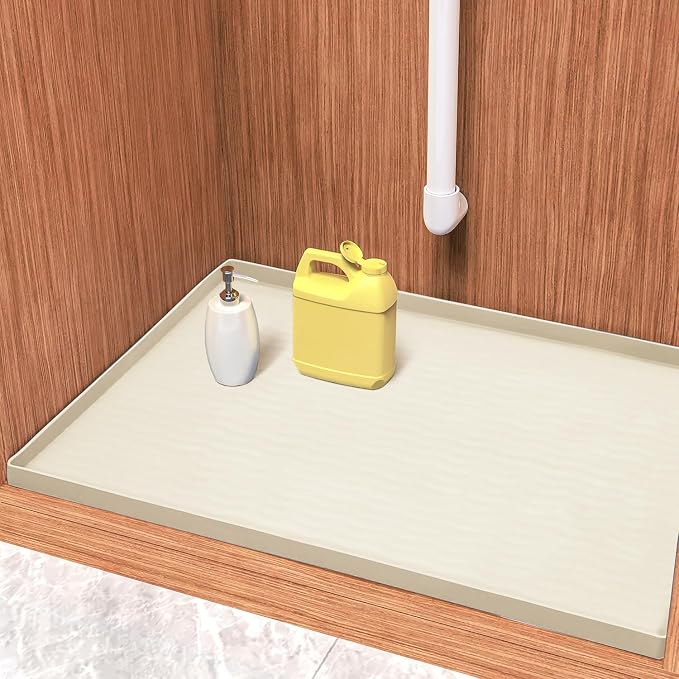 URMONA Waterproof Silicone Under Sink Mat 34'' x 19'' Shelf Liner for Kitchen and Bathroom, Cabinet and Counter Protector, Storage and Organizers, Litter Mat, Pet Cat Puppy Essentials(Cream)