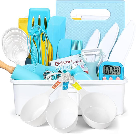 37PCS Kids Cooking Sets Real, Kids Cooking and Baking Gift Set with Storage Case Timer Kid Safe Knives Cutting Board, Toddler Real Kitchen Accessories, Birthday Gifts for Girls Boys Age 3 - 8