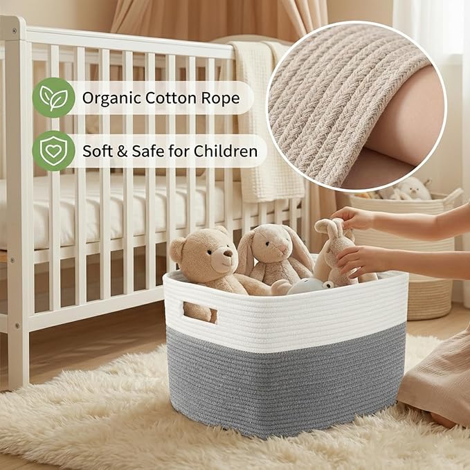 JMvicyroam 96L Large Woven Cotton Rope Blanket Basket, White&Grey | Blanket storage for living room or bedroom use, Freestanding with reinforced handles, Entire basket is machine washable
