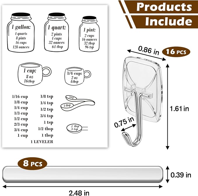 Measuring Cup and Spoon Organizer Set, Kitchen Measurement Conversion Chart with 16 Clear Small Hooks and Anti-Collision Pads for Hanging Measuring Cup and Spoon