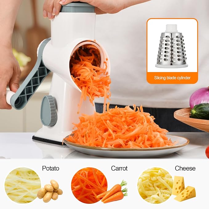 Rotary Cheese Grater Manual Hand Crank 3-in-1 Vegetable Shredder | Finger-safe design, stainless steel drums, suction base. Perfect for cheese, vegetables, nuts & chocolate. Easy to clean