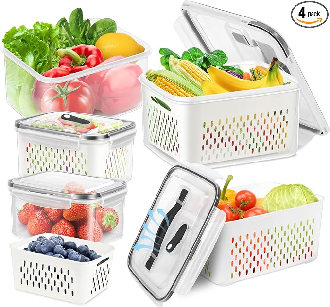 4 Pack Fridge Fruit Storage Containers with Colander, BPA Free Plastic, Airtight, with Vent Handle Stackable Refrigerator Organizer Bins for Berry, Meat, Vegetable