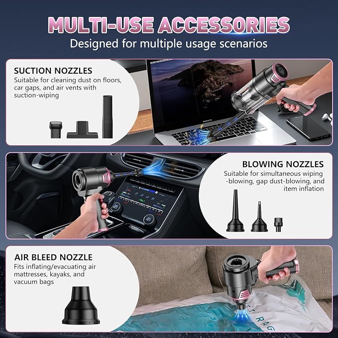 KMM Handheld Car Vacuum Cleaner, Hand Held Car Vacuum & Air Duster | 16000PA Strong Suction, 120W High Power, Cordless, Portable, Rechargeable, Multi-Nozzles & LED Light, For Home, Car, Office