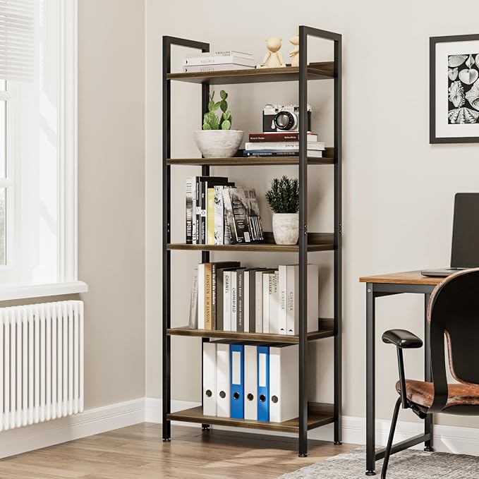 NUMENN Bookshelf, 5 Tier Freestanding Shelving Unit, Dark Walnut | Metal Frame & Wood Shelves, Falling Prevention Baffle, Open Storage Bookcase for Bedroom, Living Room & Home Office