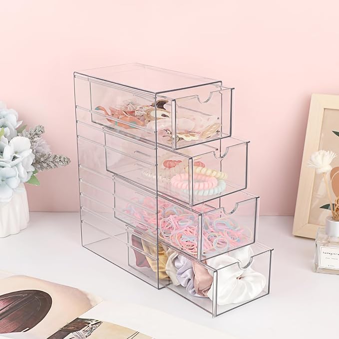 Hipiwe Plastic Drawer Organizer Clear Storage Box with 4 Pull Out Drawer | Hair Accessories Organizer Box Compact Desktop Holder for Cabinet Vanity Bathroom Pantry Office or Closet Organization