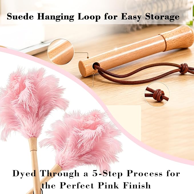 NCEDN Pink Ostrich Feather Duster 32cm – Soft Feather Duster with Wooden Handle for Keyboard, Blinds, Ceiling Fan & Furniture Cleaning