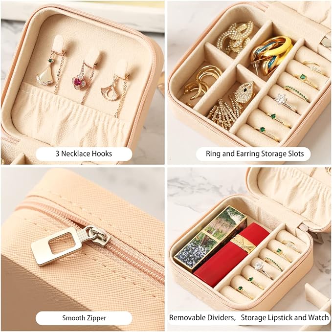 ZPROW Travel Jewelry Case, Mini Portable Jewelry Travel Boxes, Small Jewelry Organizer for Rings, Earrings, Pendants, Watches, Necklaces, Lipsticks Organizer Storage Holder Case (Pink)