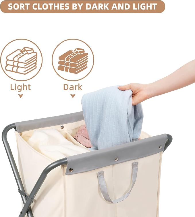 STORAGE MANIAC 125L Collapsible Laundry Hamper with Wheels, Rolling Laundry Basket, Heavy Duty Cloth Sorter with Removable Bag, Folding X Frame Clothes Organizer Cart for Easy to Store, 2 Section
