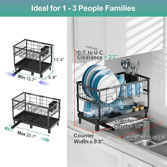GSlife Large Dish Drying Rack - 2 Tier Dish Rack for Kitchen Counter, Expandable Capacity Dish Drainer Rack with Removable Cutlery Holder, 15.7''-20.7''L x 9.8" D x 13.4" H, Black