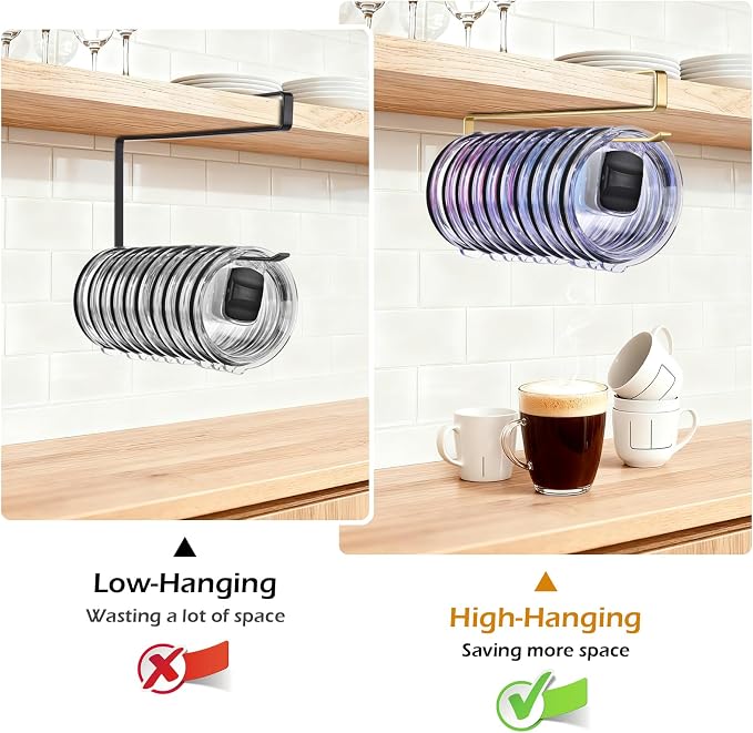 2Pack Tumbler Lid Organizer, Kitchen Space-Saving Cup Holder, Organizers for Under Cabinet Storage, No Glue or Drilling Required (Golden)