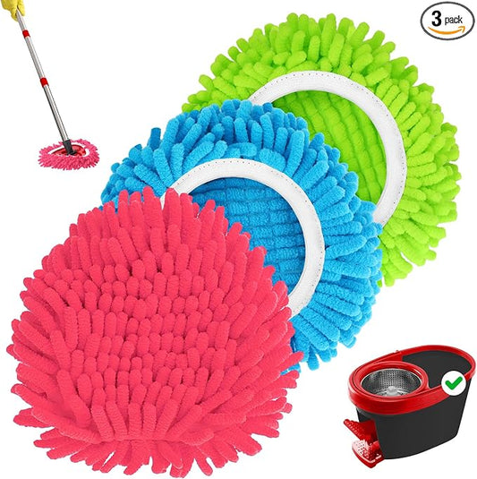 Baderke 3 Pack Chenille Mop Heads Replacements Compatible with 1 Tank System Chenille Duster Replacement Heads Microfiber Spin Mop Refill Pads Reusable Dust Refills for Floor Cleaning (Multicolor)
