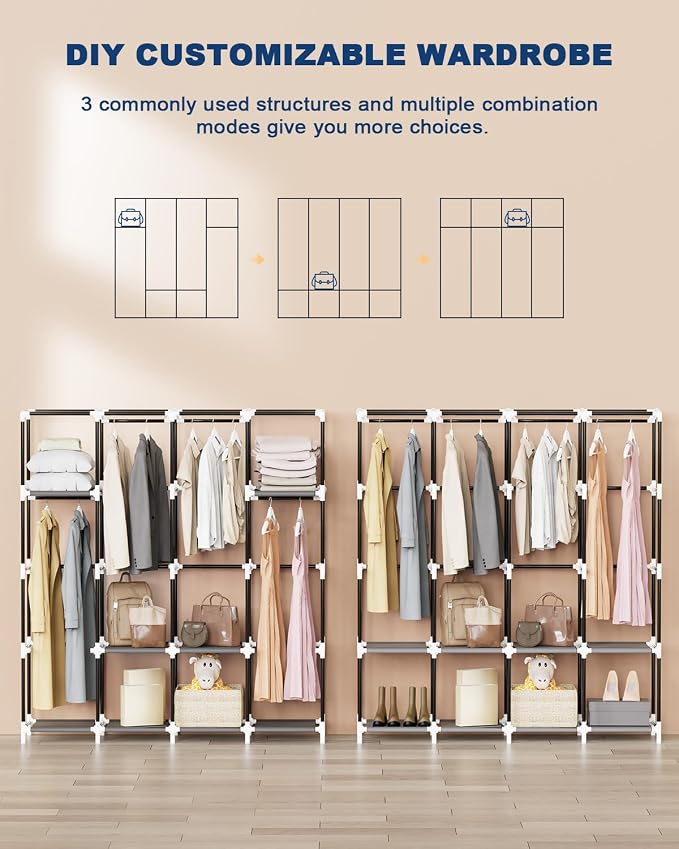 Mavivegue Portable Closet Wardrobe, Clothes Organizer with 4 Hanging Rods, Non-Woven Fabric Cover, Large Capacity Storage for Bedroom and Living Room,Gray, 67" W x 17" D x 67" H