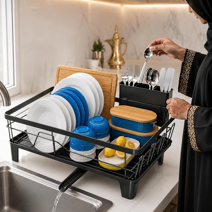 Dish Drying Rack, Black | Space-Saving Metal, Rust-Resistant, Utensil Holder, Compact Drainer Organizer