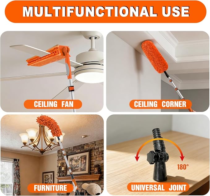 SISIUPASSIE 26FT Reach Ceiling Fan Cleaner Duster, Ceiling Fan Blade Cleaner with Extension Pole, Washable & Replaceable Microfiber Feather Duster Kits