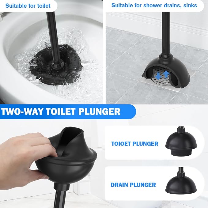 Toilet Plunger and Brush Set,2 Pack Bowl Brush and Heavy Duty Toilet Brush with Ventilated Holder, 2-in-1 Toilet Brush and Plunger Combo for Bathroom Deeply Cleaning（Black）