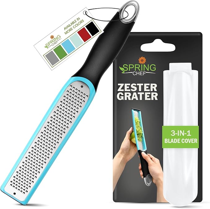 Spring Chef Premium Lemon Zester Grater with Handle - Fruits, Garlic, Chocolate, Ginger Grater - Heavy Duty Kitchen Tool - Stainless Steel Citrus Zester with Blade Cover - Fine Shred - Aqua Sky